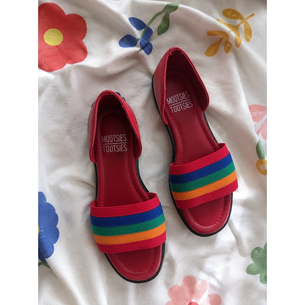 Mootsies Tootsies Red Leather Rainbow Striped D'Orsay Flats Shoes 6M